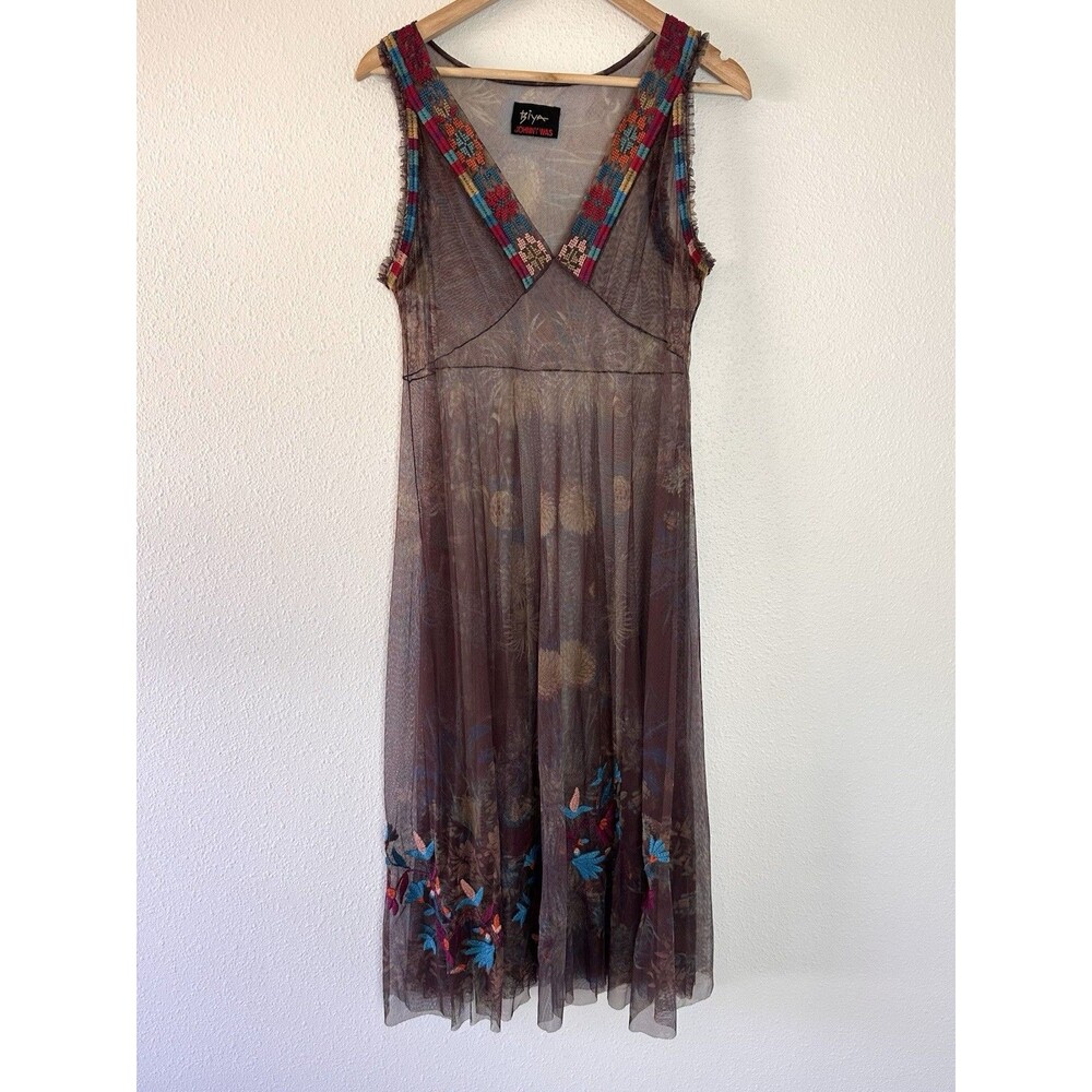 BIYA Johnny Was V Neck Embroidered Nylon Mesh Maxi Dress No Slip 36” Bust - Picture 9 of 16